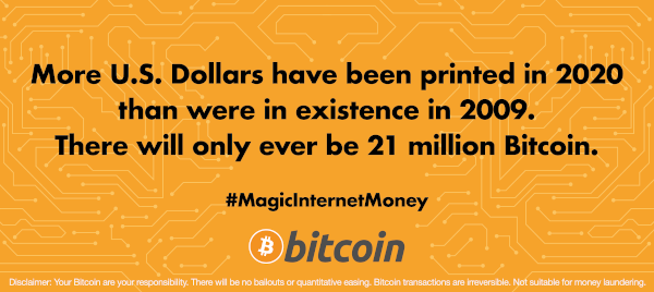 More U.S. Dollars have been printed in 2020 than were in existence in 2009. There will only ever be 21 million Bitcoin.